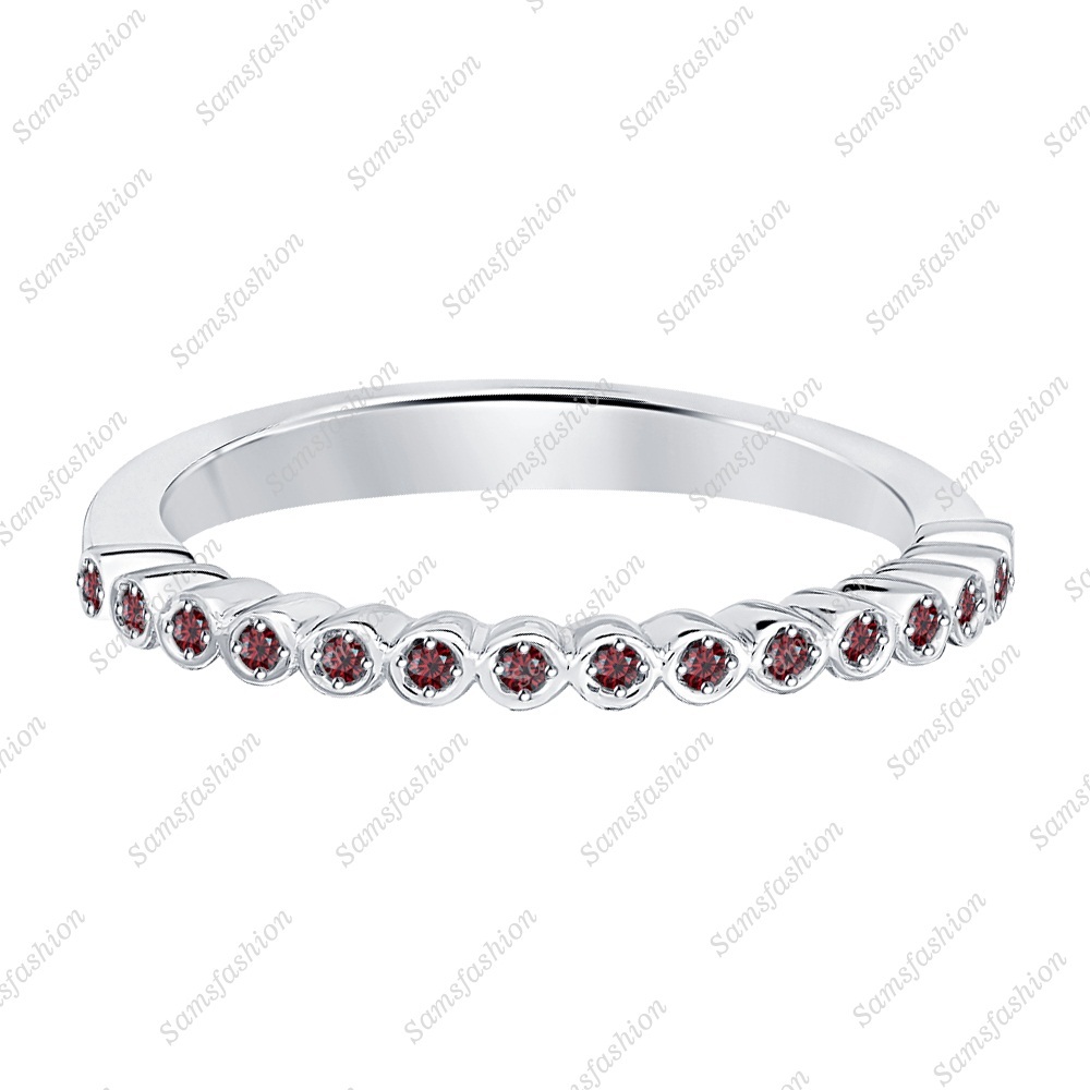 Round Cut Red Garnet .925 Sterling Silver Stackable Half-Eternity Wedding Ring
