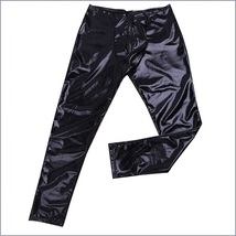 Men's Skin Tight Black Color Faux Latex Zipper Pouch Stretch Pants Leggings  image 4