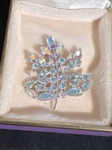 B David Silver Tone Brilliant Aurora Borealis Figural Leaf Brooch Signed (3944) - $50.00