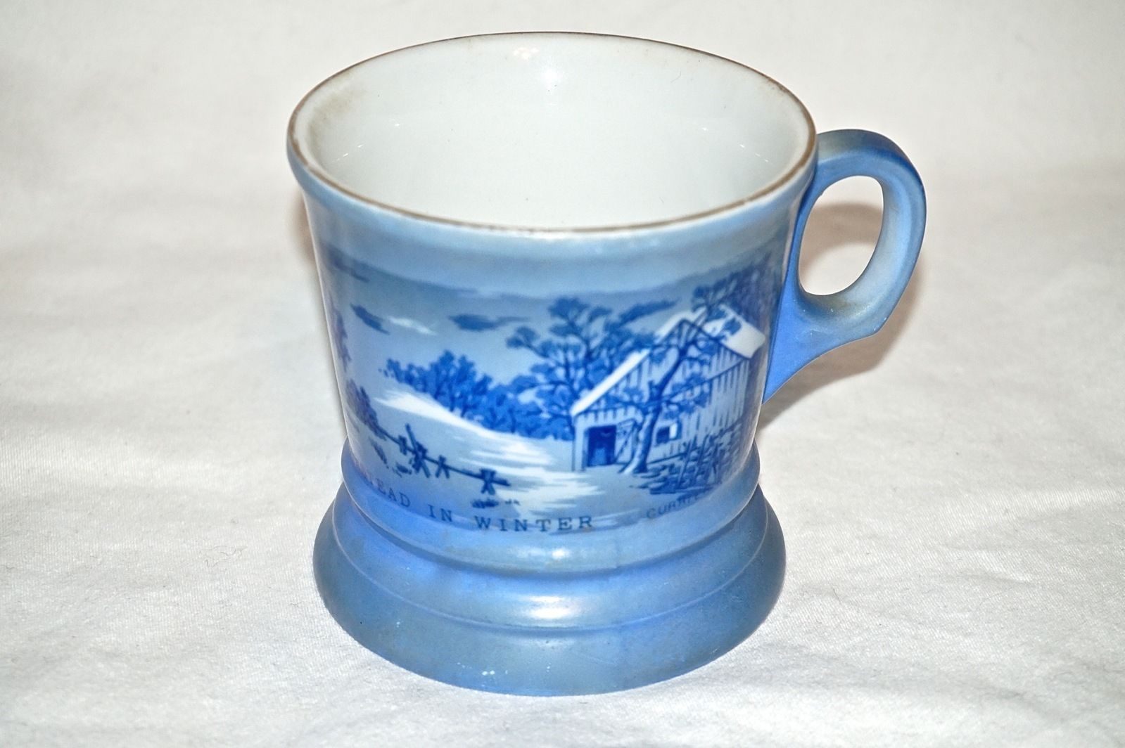 Vtg Currier & Ives Homestead In Winter Shaving Cocoa Coffee Mugs Blue 