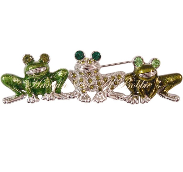 Frog Pin Brooch Trio Green Crystal Enamel Silvertone Metal Animal Theme Jewelry - $16.99