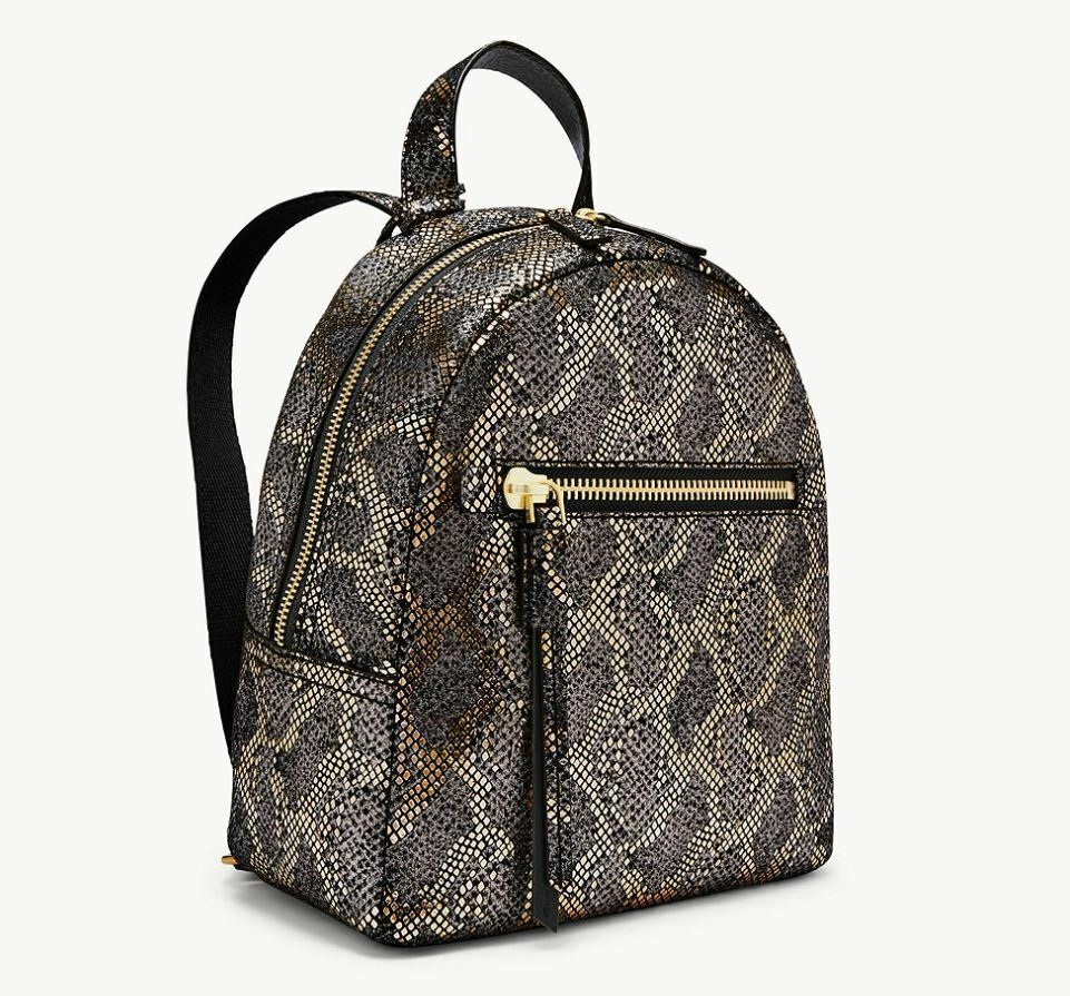 Primary image for FOSSIL Megan Small Leather Backpack Silver Python Metallic Gold Zip Around New