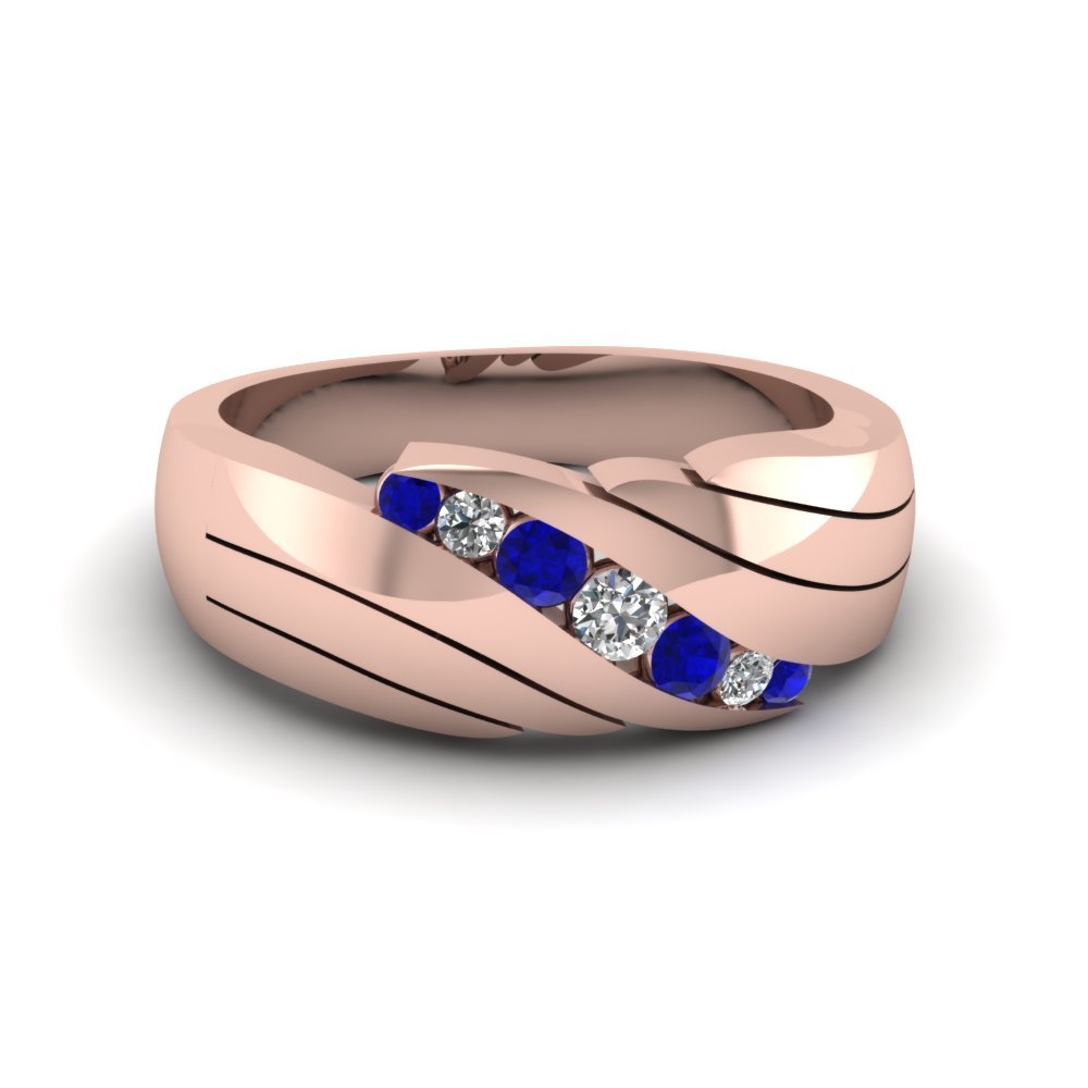 Men's Wedding Ring With 0.34 Ct Round Cut Blue Sapphire 14K Rose Gold Finish