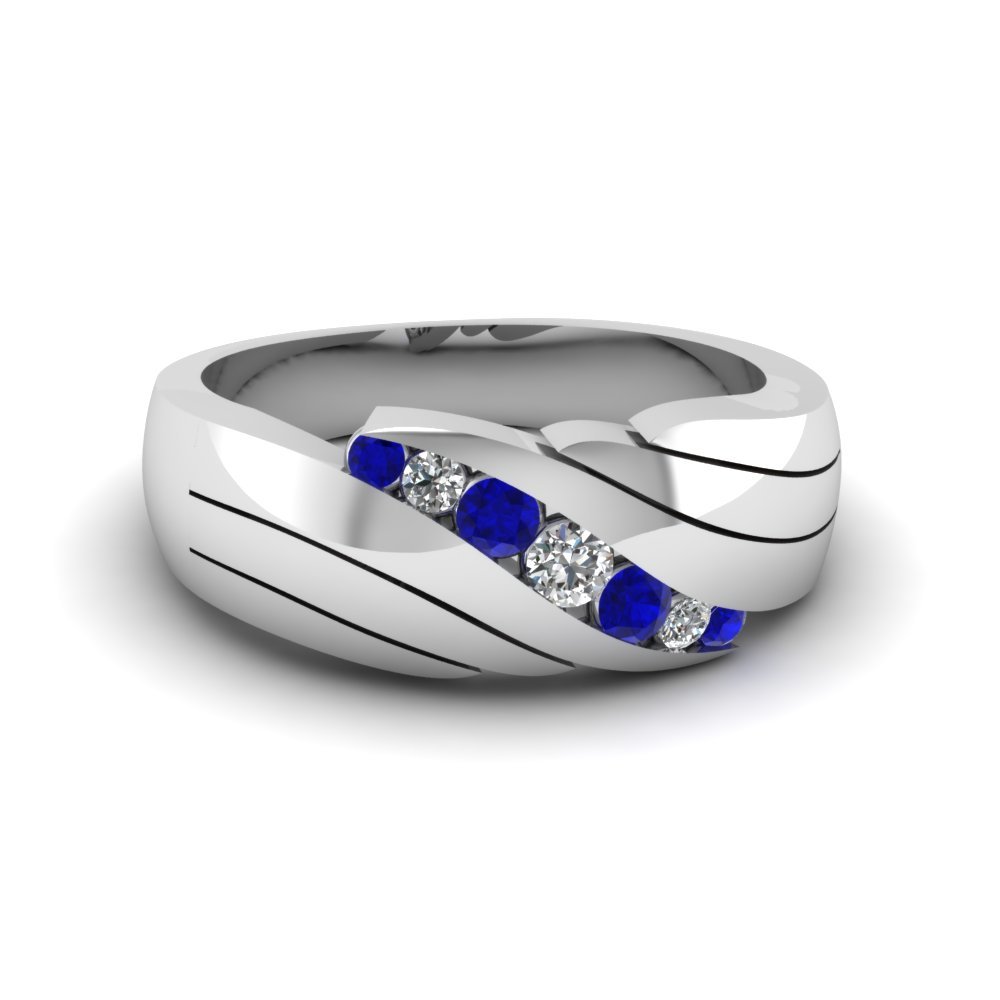 Men's Wedding Ring With 0.34 Ct Round Cut Blue Sapphire 14K White Gold Finish