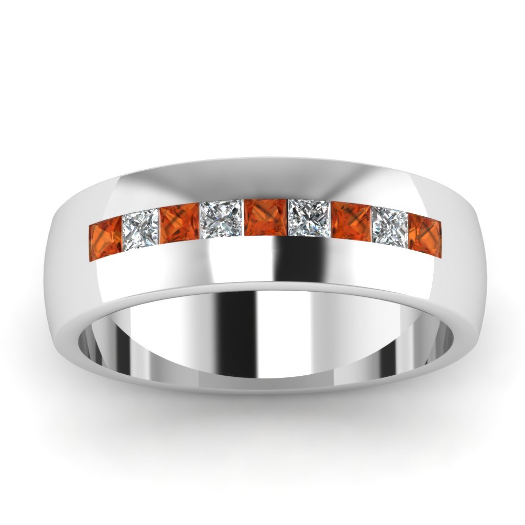Men's Glittering Grid Ring With 0.65 Ct Orange Sapphire 14K White Gold Finish