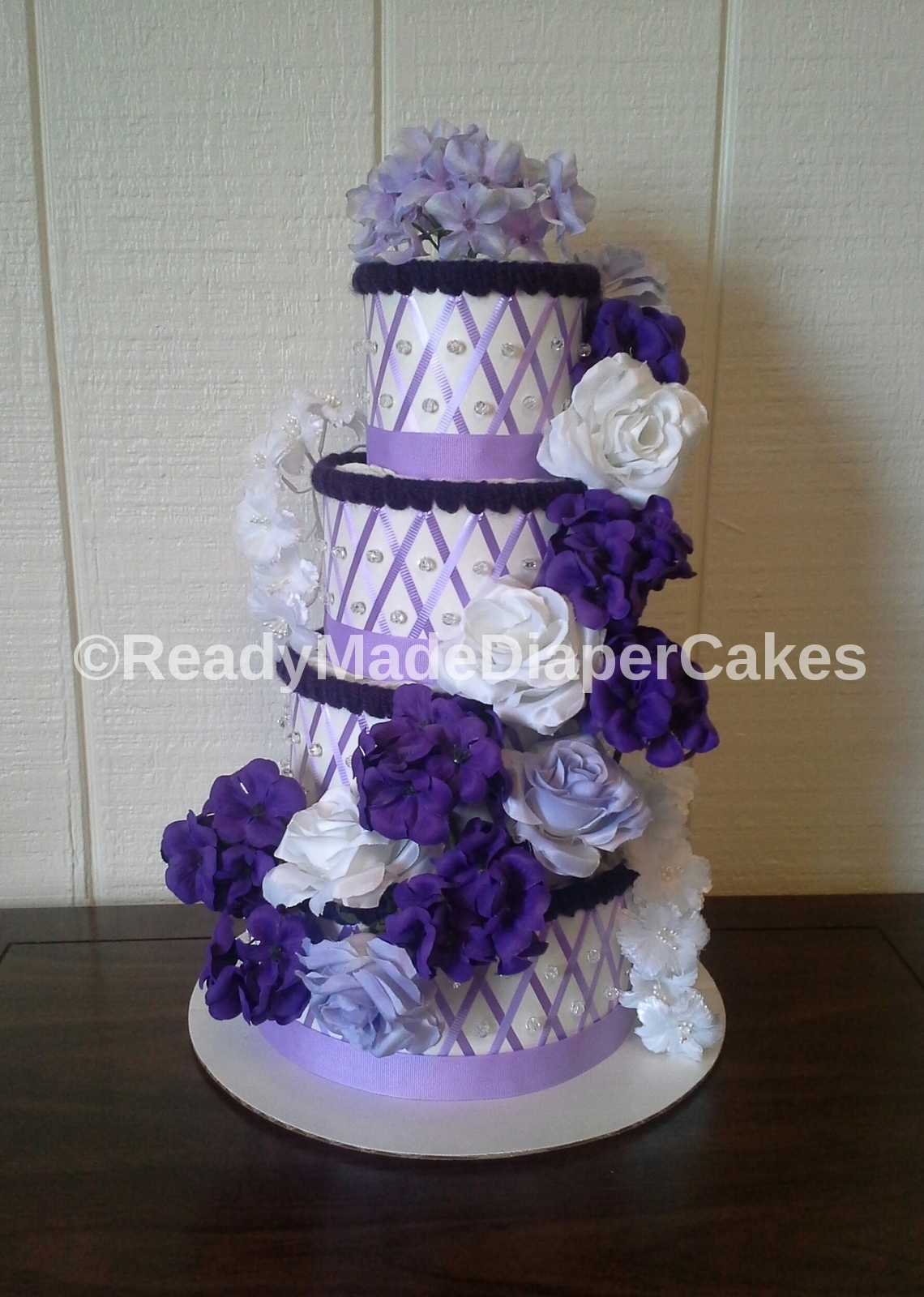 Lavender Purple White and Lilac Purple Themed Baby Shower 4 Tier Diaper Cake