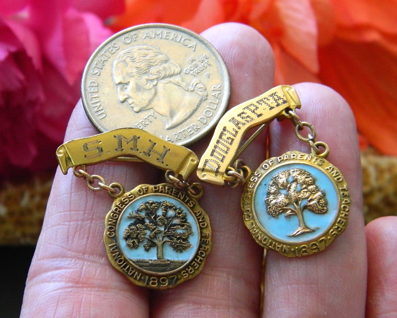 2 Vintage National Congress Parents Teachers Enamel Lapel Pins PTA