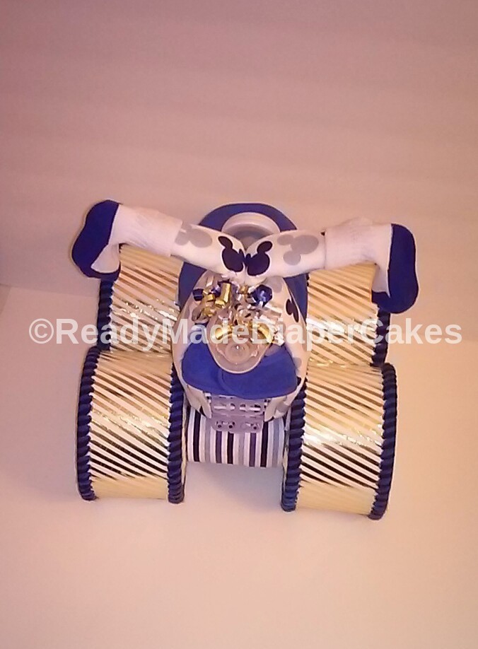 Navy-Gold-Royal Blue-Grey-White Themed Baby Shower Four Wheeler Diaper Cake Gift