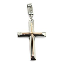 SOLID 18K WHITE ROSE GOLD ROUNDED DOUBLE CROSS, 1.26 INCHES, ITALY MADE, SMOOTH image 2