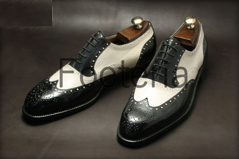 Handmade black and white shoes, wingtip brogue leather shoe, formal ...