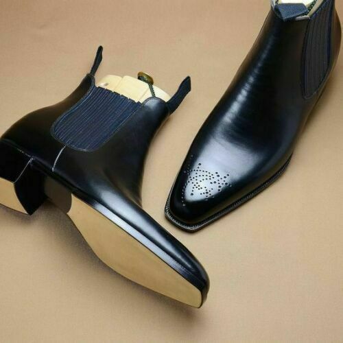 New Men's Handmade Chelsea Black color Brogue Leather Dress Formal Chelsea Boots