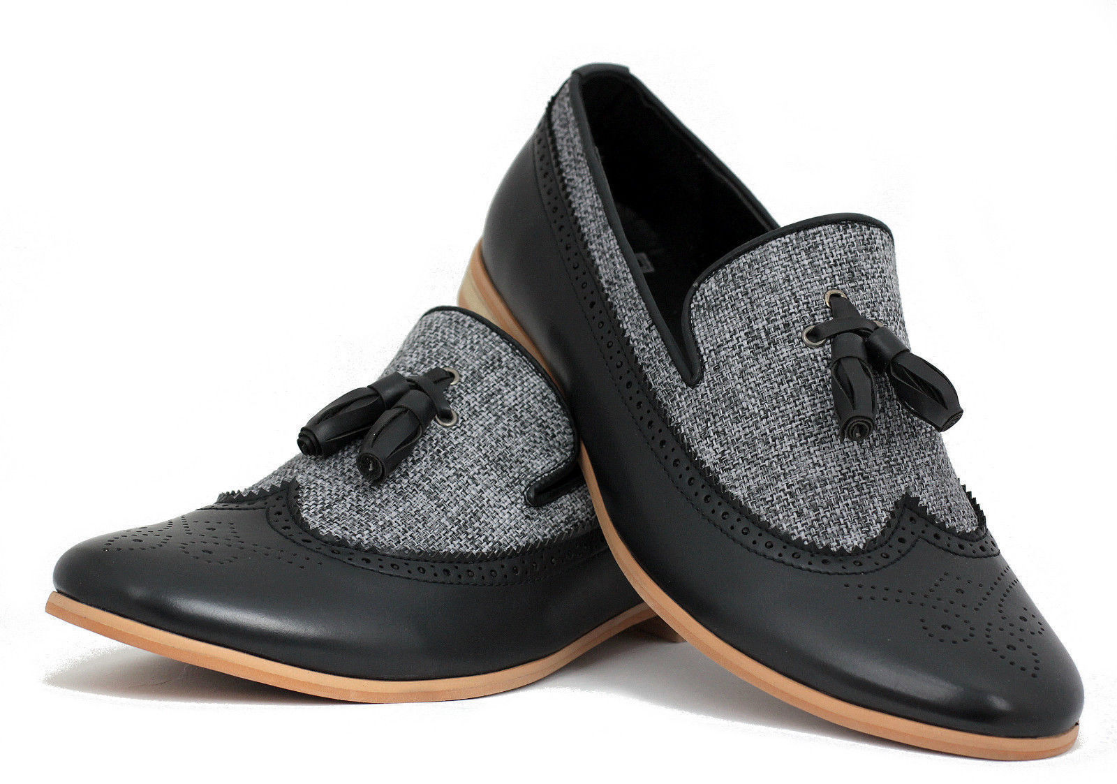 Handmade Men's Genuine Black Leather & Fabric Oxford Brogue Slip On Formal Shoes