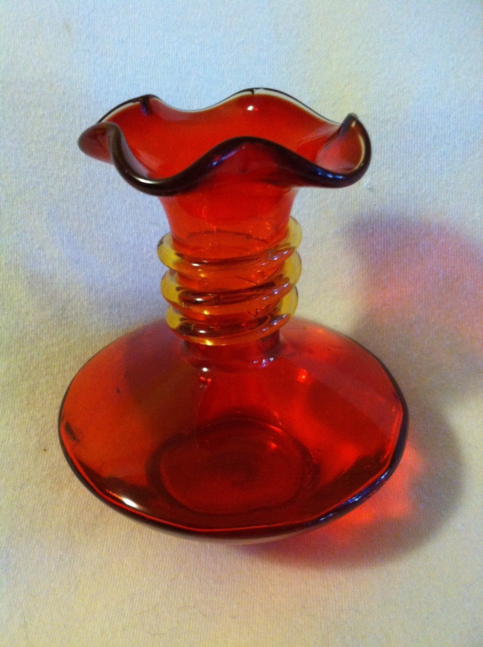 Amberina Fluted Red Vase Vintage Hand Blown Glass Red and Yellow
