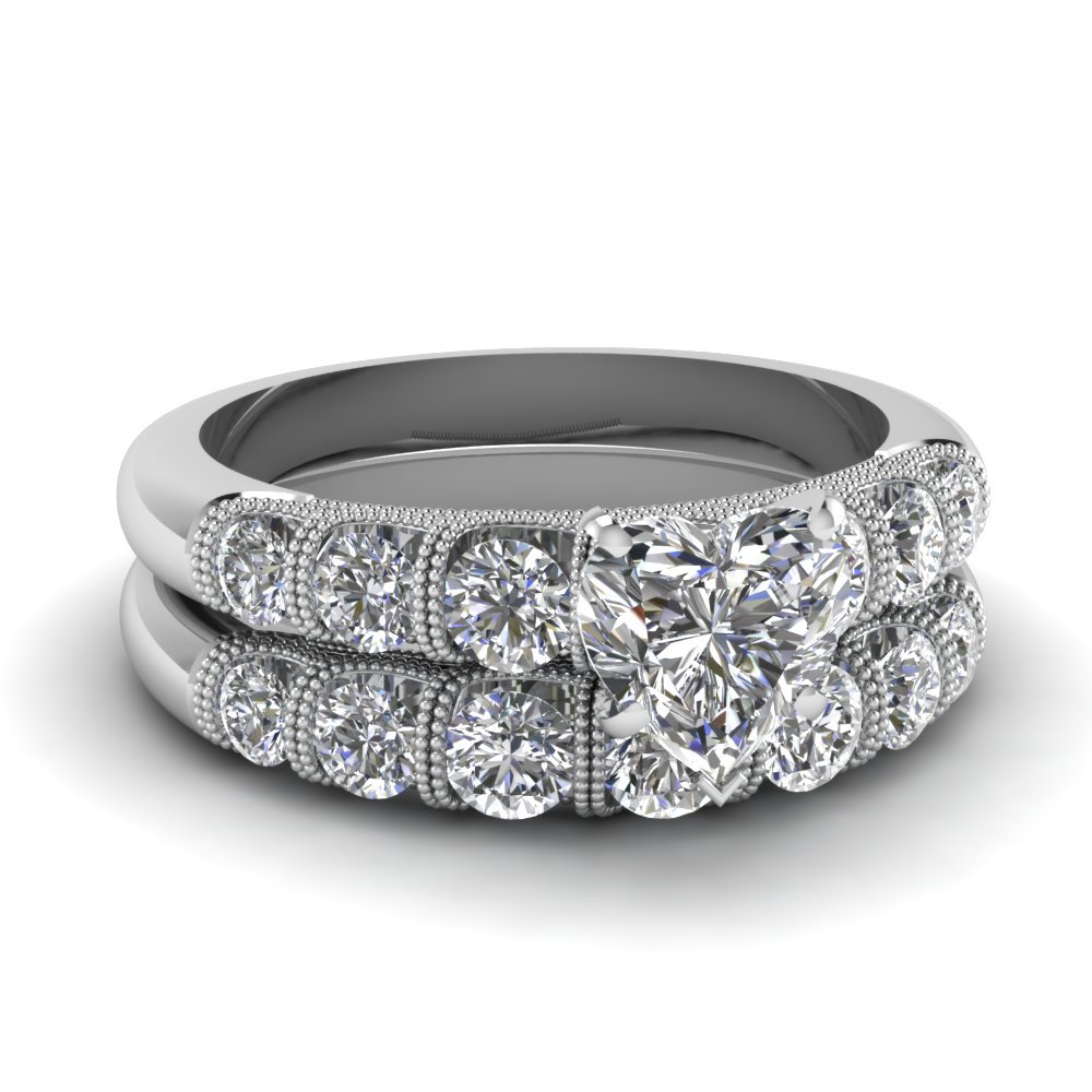 1.50 Ct Heart Shaped Simulated Diamond Wedding Ring Sets 14K White Gold Finish