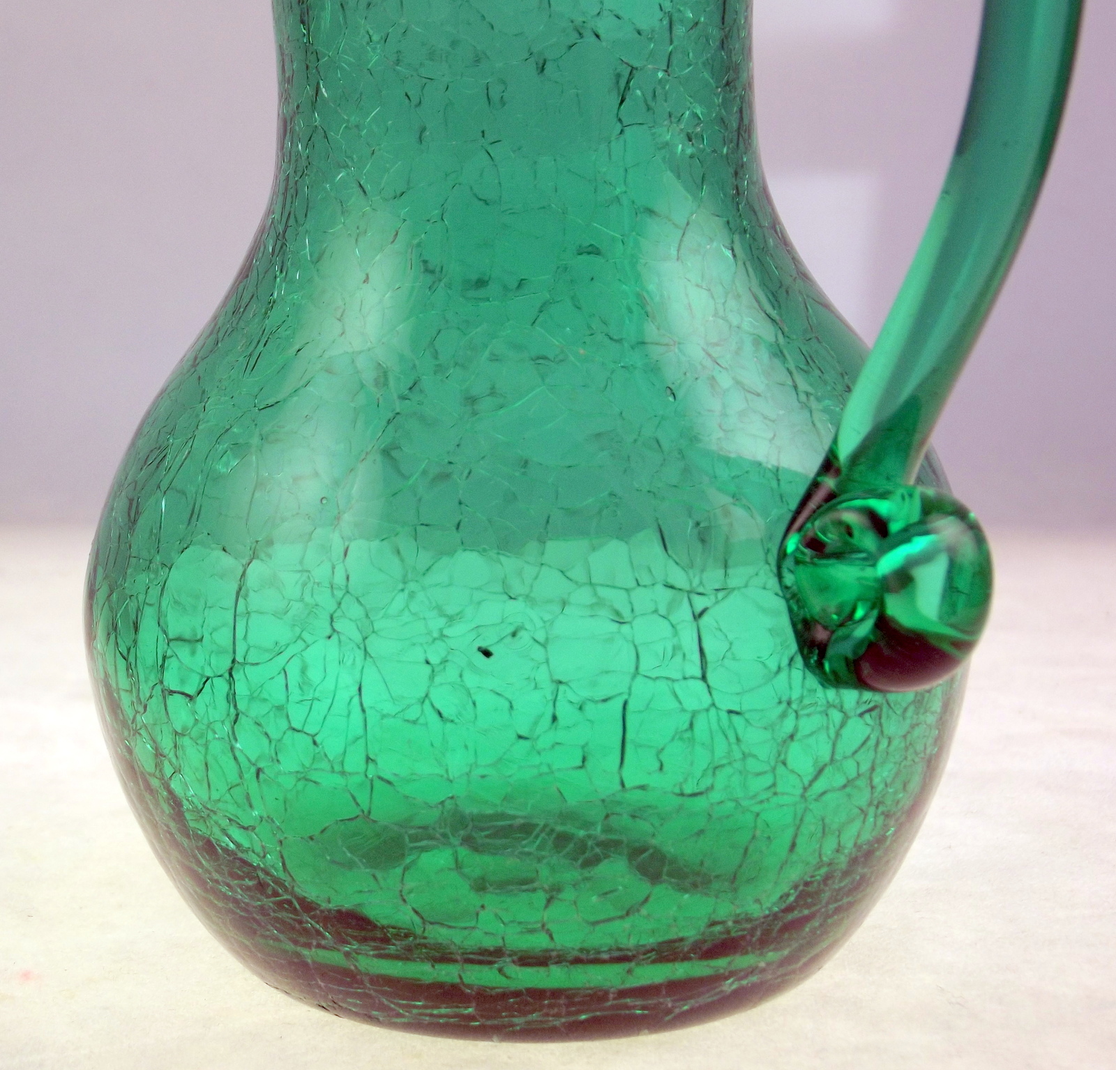 Vintage Rainbow Art Glass green crackle glass pitcher wide flared top