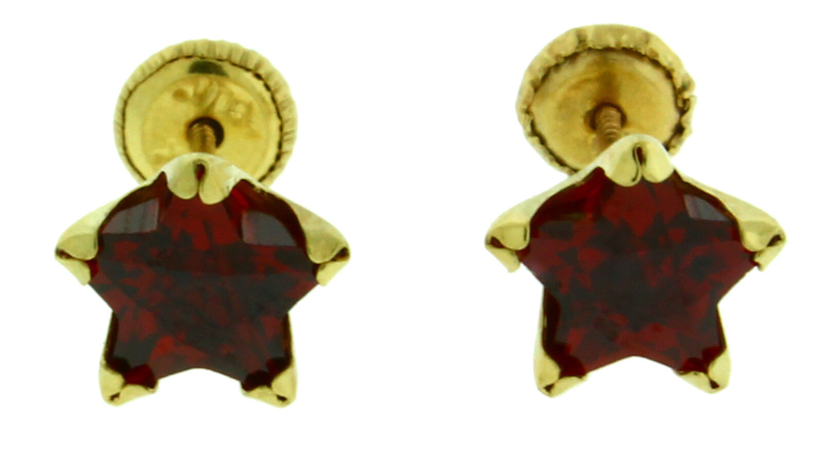 Star Shape 14K Solid Yellow Gold Screw Back 7 mm Burgundy CZ Stud Earrings
