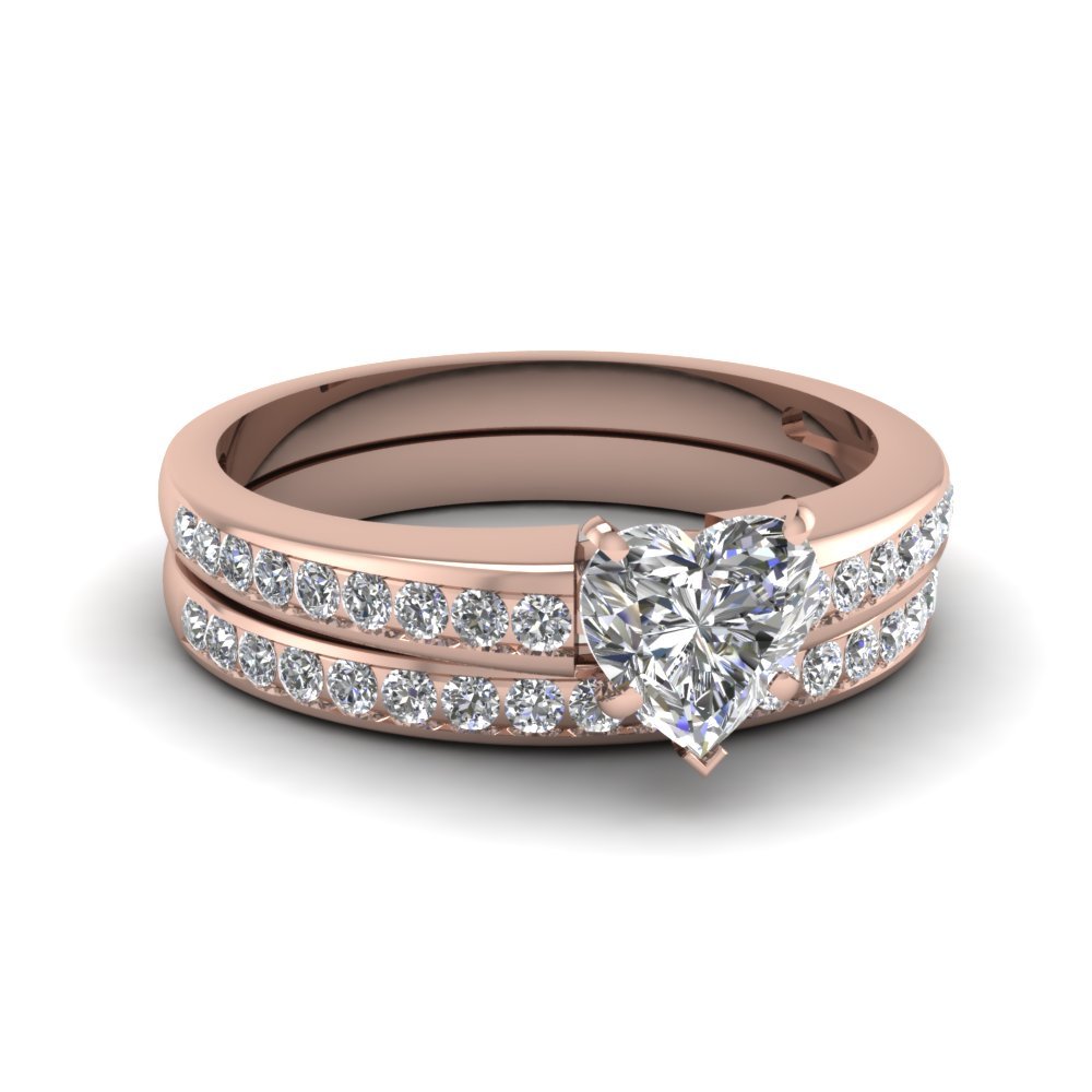1.11 Ct Heart Shape Sim Diamond Linear Shimmer Engagement Ring Set Rose Gold Fn