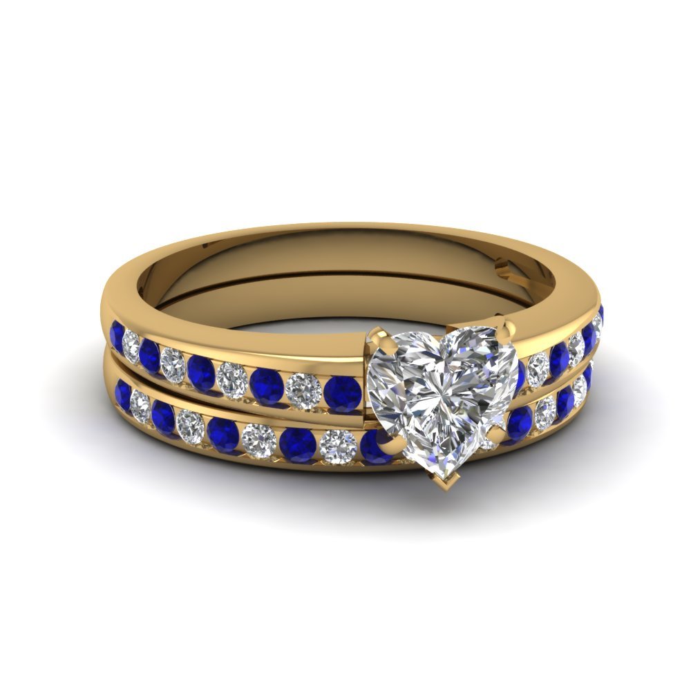 1.11Ct Heart Shaped Blue & White Sapphire Linear Shimmer Ring Set Yellow Gold Fn