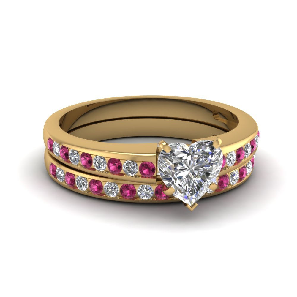 1.11Ct Heart Shaped Pink & White Sapphire Linear Shimmer Ring Set Yellow Gold Fn