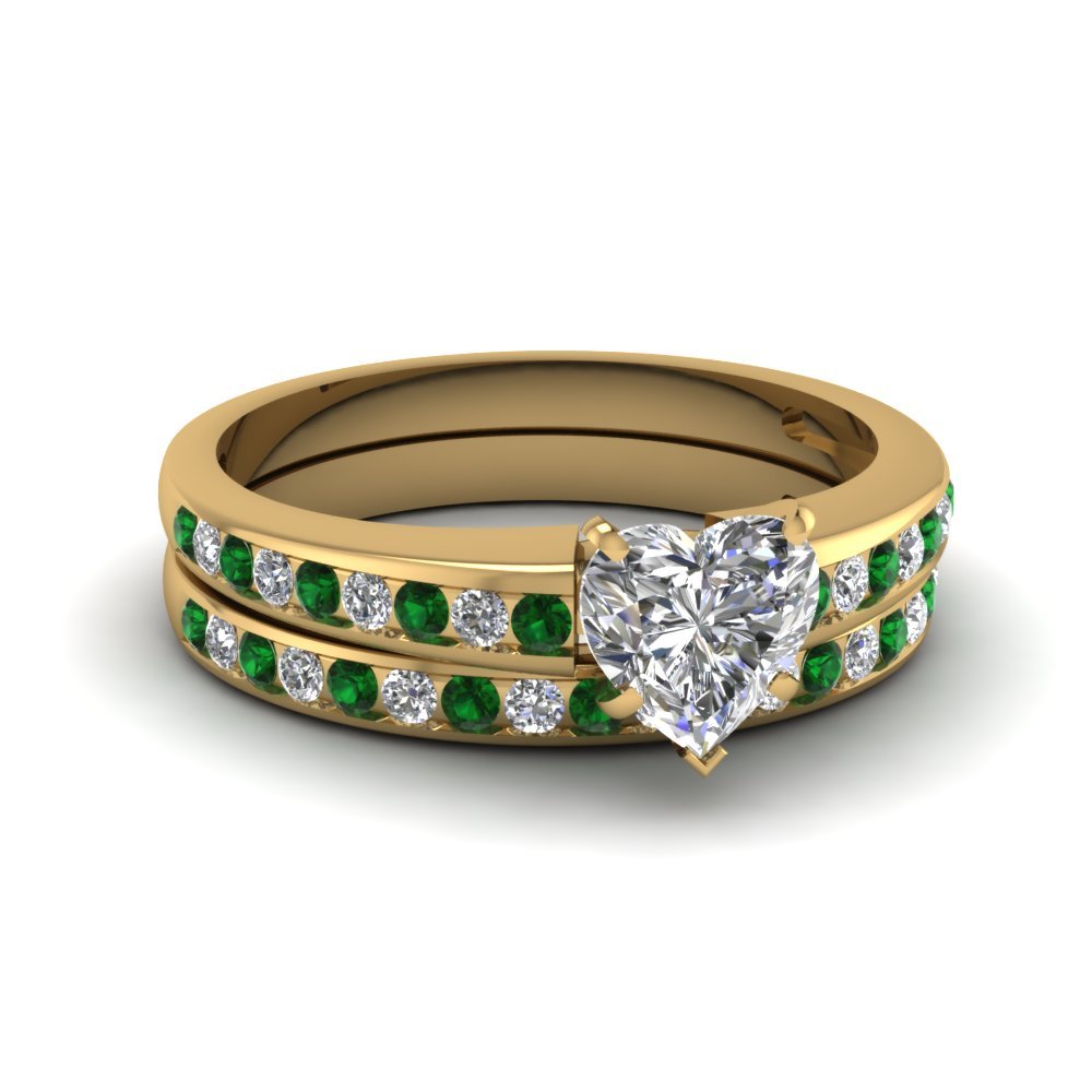 1.11 Ct Heart Shaped White CZ & Emerald Linear Shimmer Ring Set Yellow Gold Fn