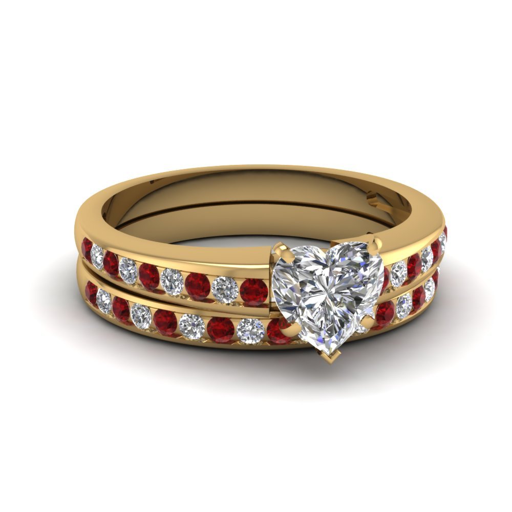 1.11 Ct Heart Shaped White CZ & Ruby Linear Shimmer Ring Set 14K Yellow Gold Fn