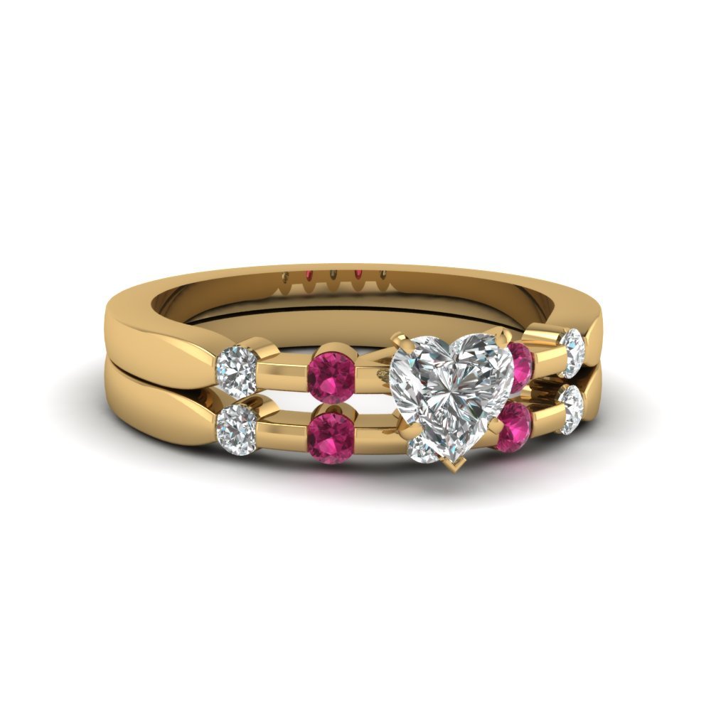 0.90 Ct Heart Shape White & Pink Sapphire Half Bezel Wedding Ring Yellow Gold Fn