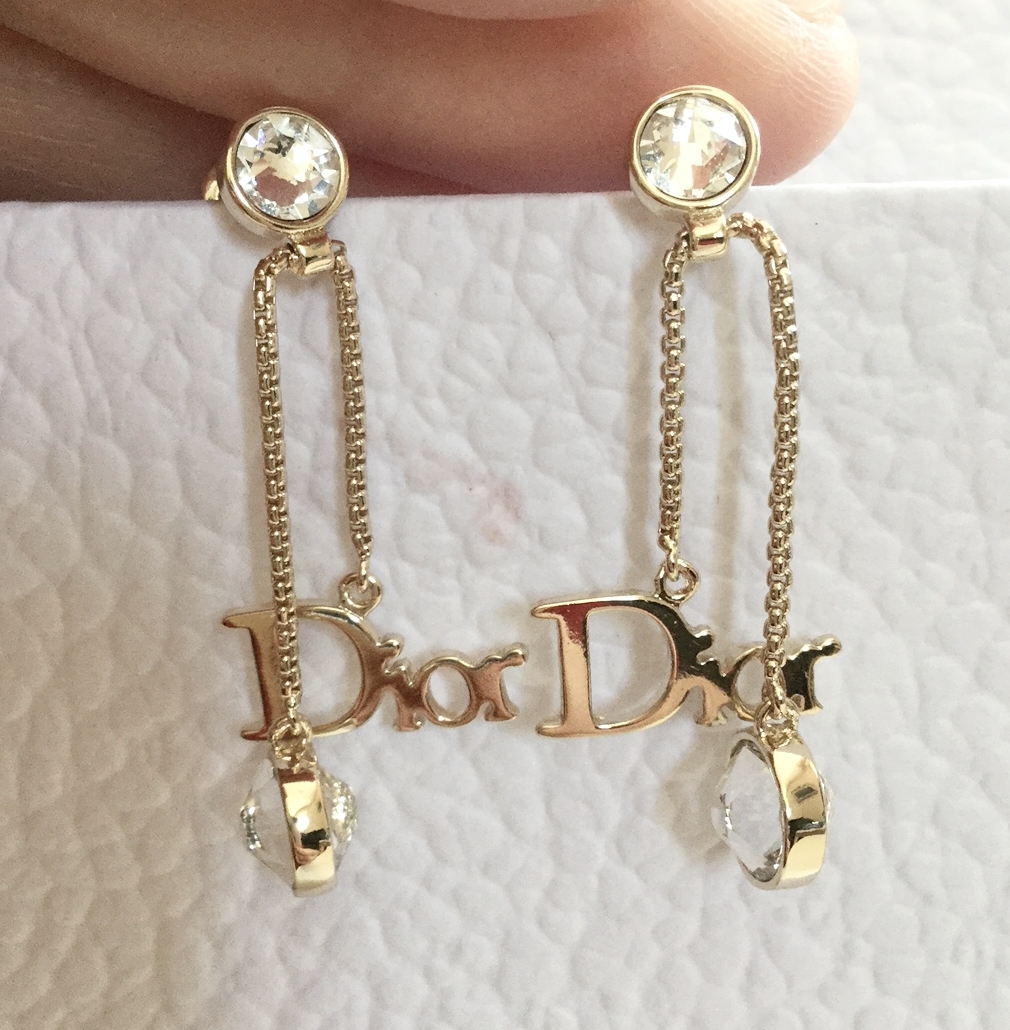DIOR by DIOR Iconic Logo Drop Gold Stud Earrings Swarovski Crystal