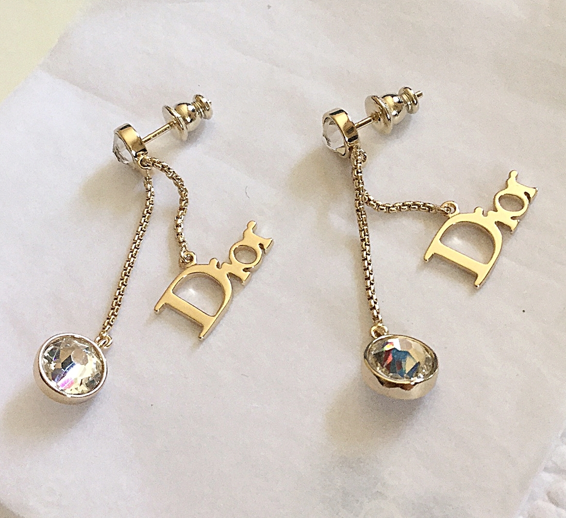 DIOR by DIOR Iconic Logo Drop Gold Stud Earrings Swarovski Crystal