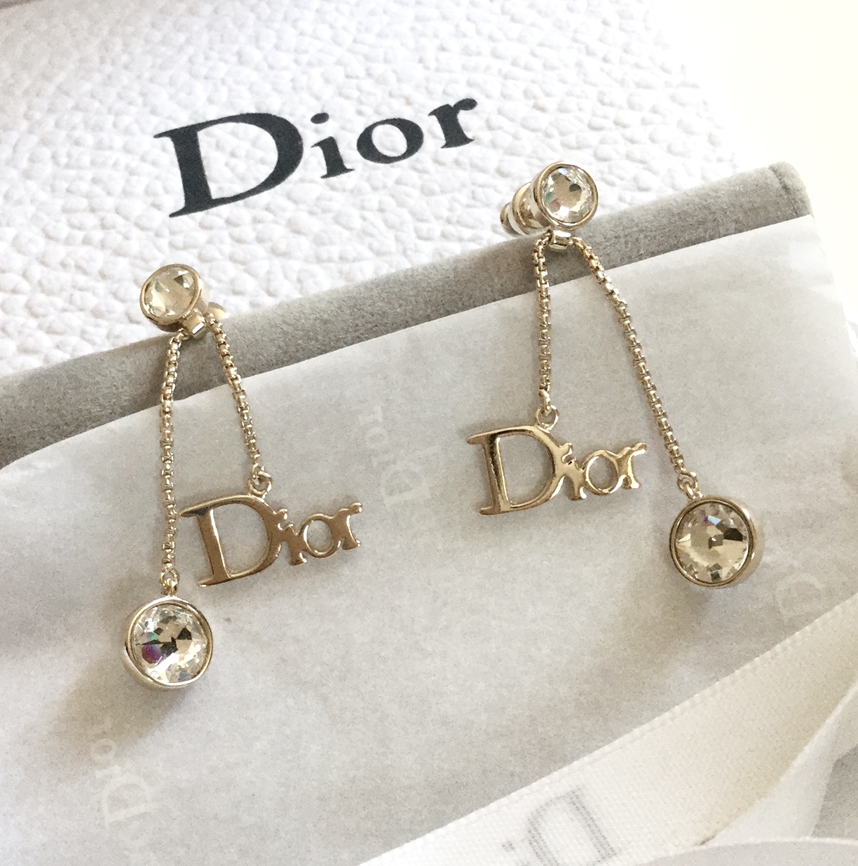 DIOR by DIOR Iconic Logo Drop Gold Stud Earrings Swarovski Crystal