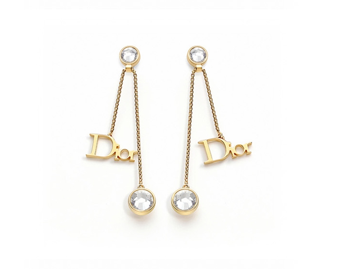 DIOR by DIOR Iconic Logo Drop Gold Stud Earrings Swarovski Crystal