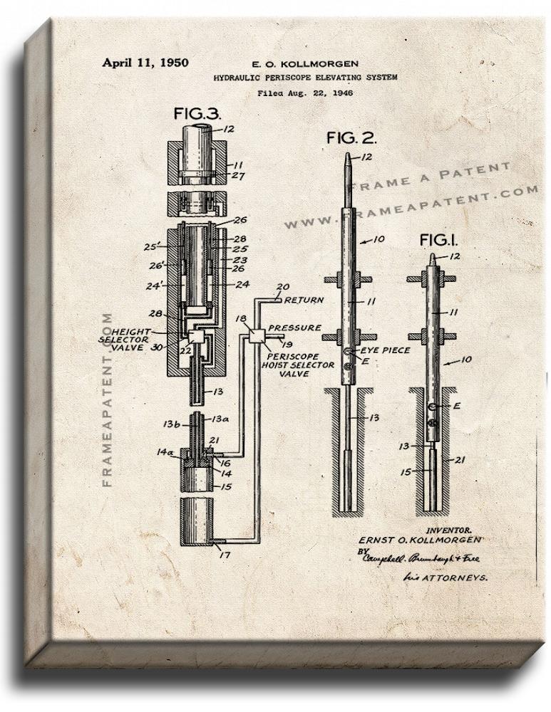 Hydraulic Periscope Elevating System Patent Print Old Look on Canvas