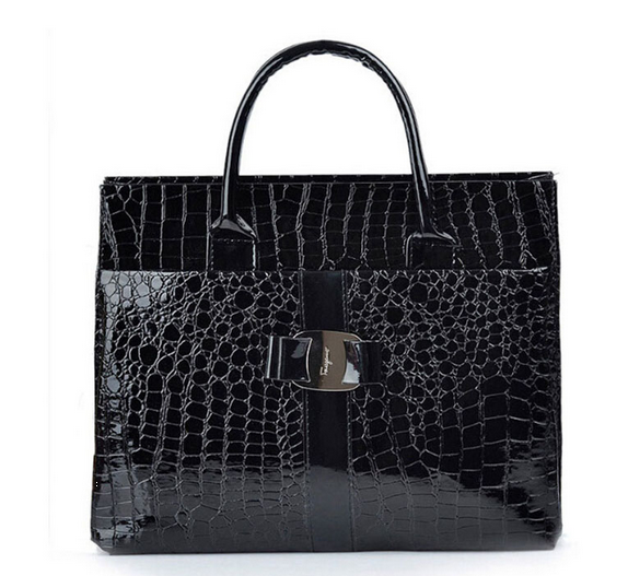 (Black) Elegant Faux Leather Crocodile Handbag - Purses, Handbags