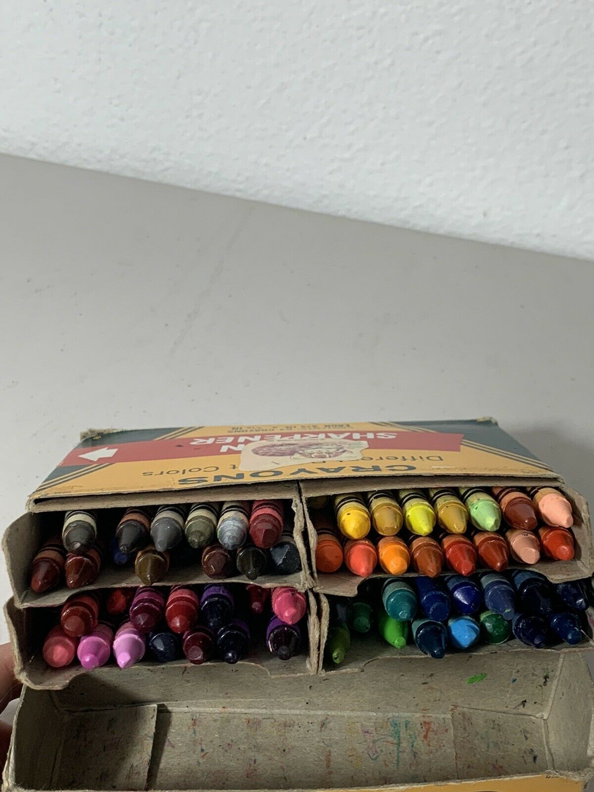 Vintage Box of 64 Crayola Crayons W/ Sharpener & Rare retired Red USED