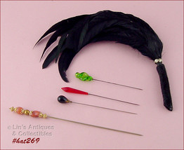 Lot of 4 Vintage Glass Head Hat Pins and 1 Black Feathers Hat Adornment(#HAT269) - $50.00