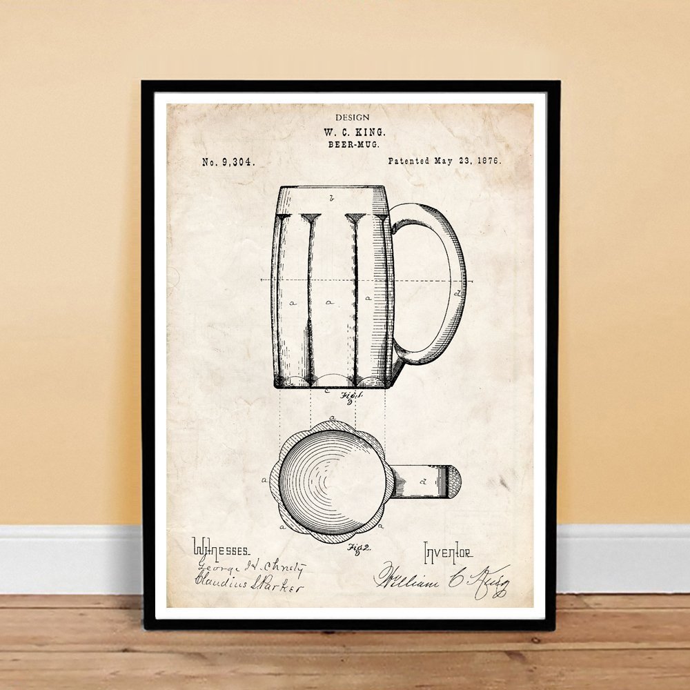 BEER MUG DESIGN 1876 US PATENT ART POSTER PRINT 18X24 KING GIFT ...