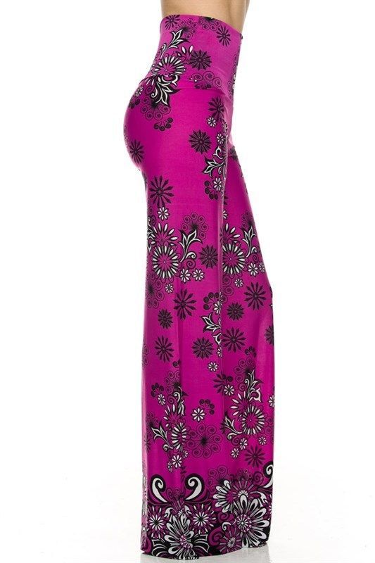 Superline Fuchsia Floral Border Wide Leg High Fold Over Waist Palazzo Pants - Pants