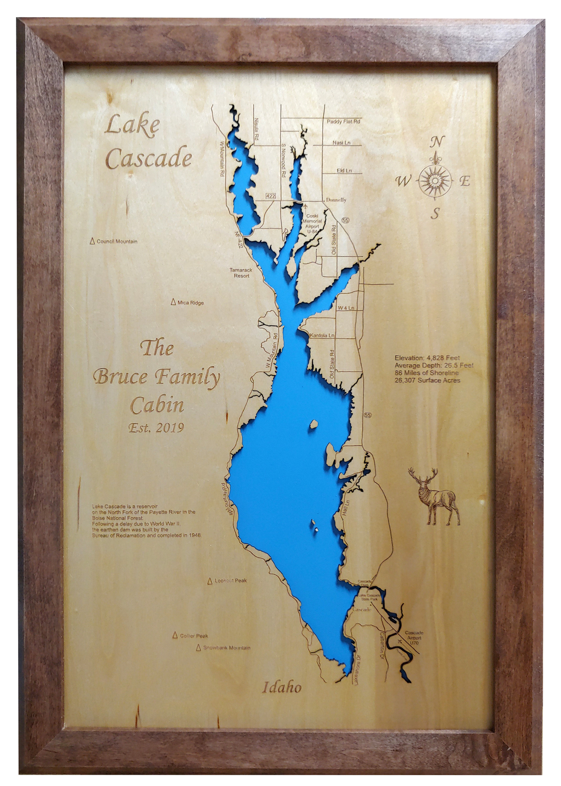 Wood Laser Cut Map of Lake Cascade, Idaho and 50 similar items