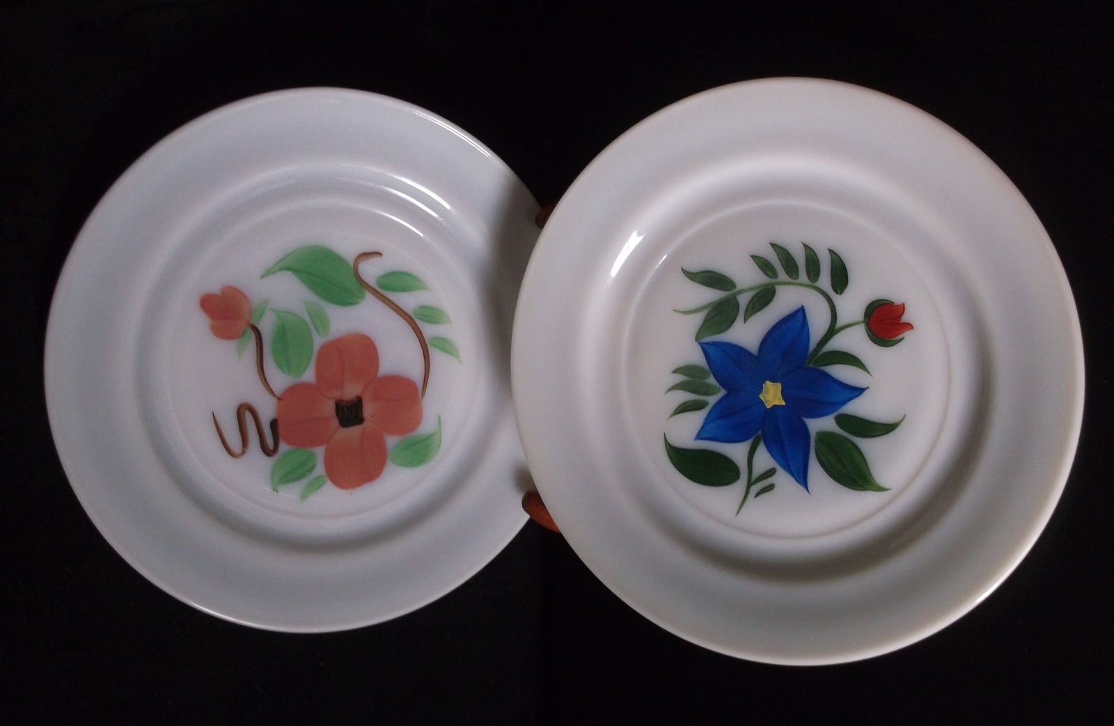 Vintage Milk Glass Plates Opalescent with Hand Painted Flowers PAIR