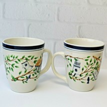 (2) Cambridge Potteries Birds Birdhouses Coffee Mugs Cups White Cobalt B... - $24.99