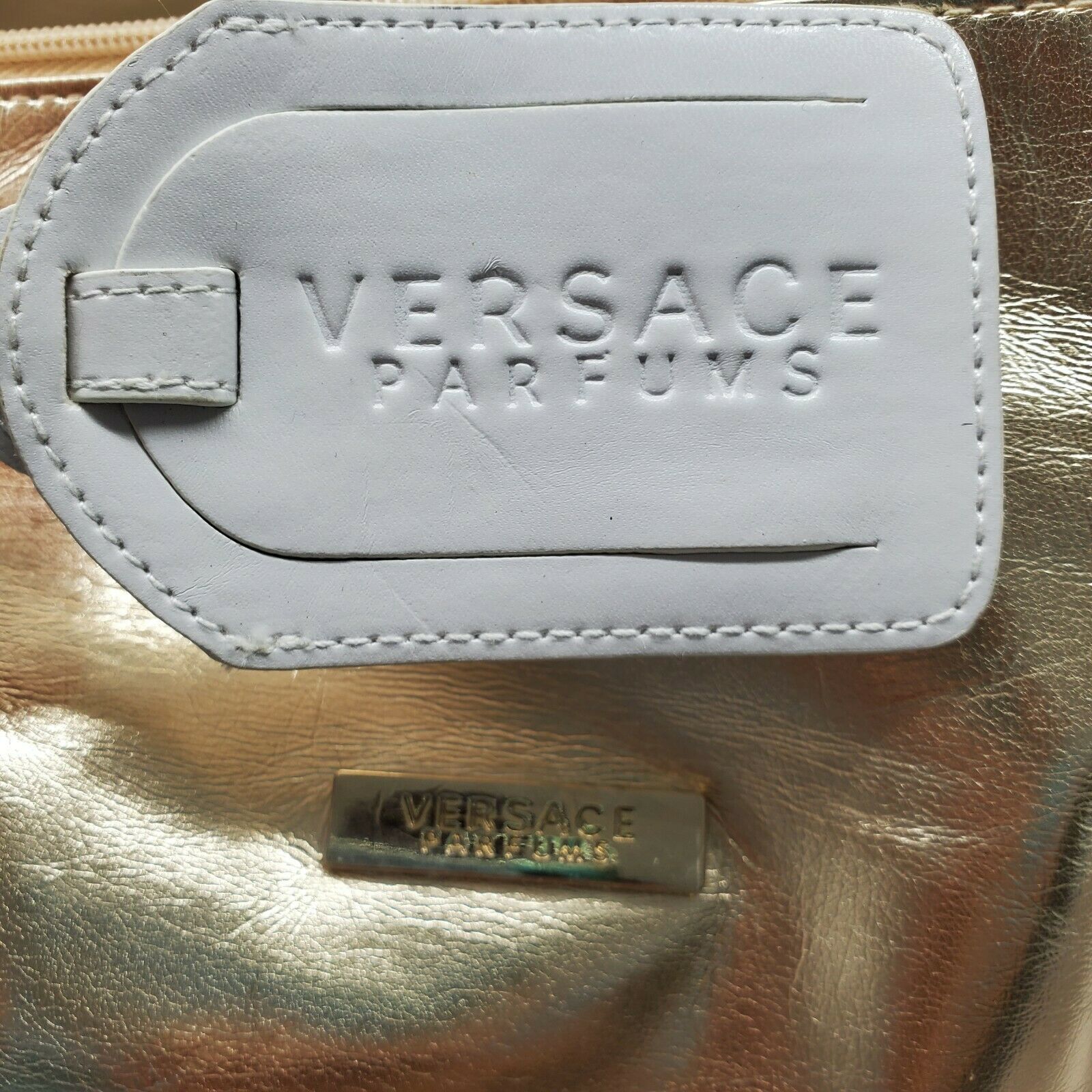 VERSACE PARFUMS Gold White Duffel Tote Travel Bag X Large ID Tag