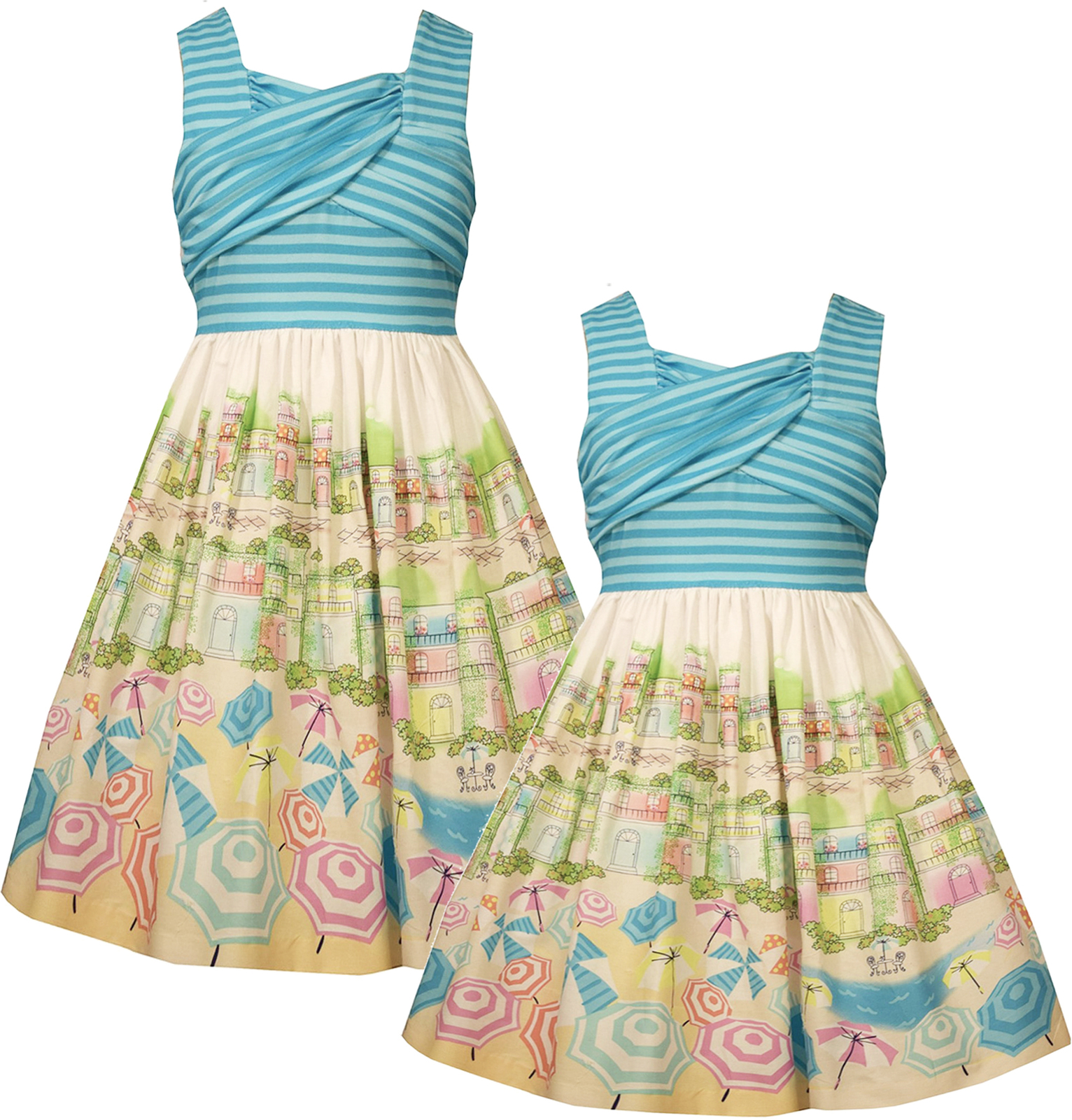 Bonnie Jean Girls 7 16 Turquoise Blue Crossover Beach Scene Border Print Dress Tween Girls 0431