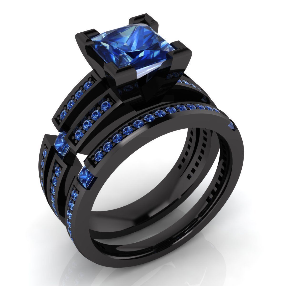 2.91 Ct Princess Cut Blue Sapphire Engagement Ring Bridal Set 14K Black Gold Fn