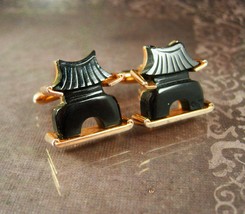Carved pagoda cuff links Vintage Japanese Swank Cufflinks Gold plate Wed... - $175.00