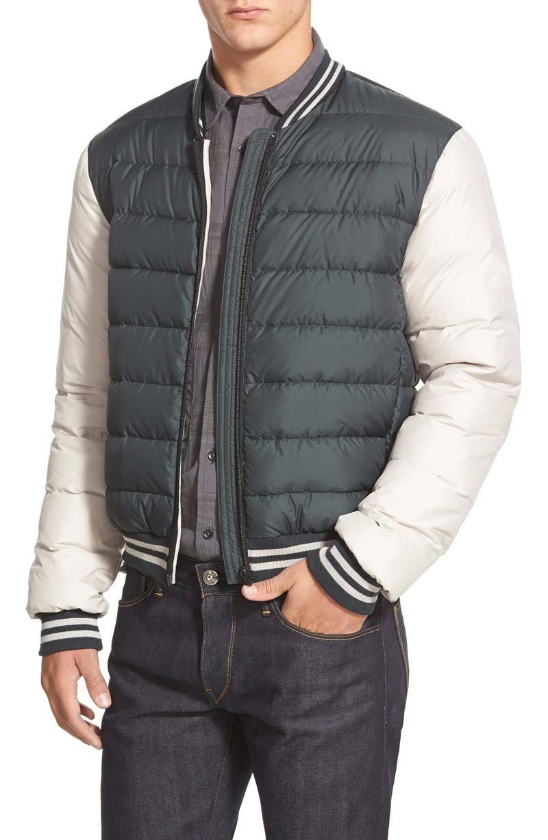 Mens Green and White Puffer Style Varsity Jacket Outerwear
