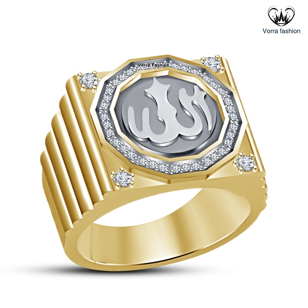 Allah Islamic Muslim Ring With 14k Yellow Gold Plated 925 Silver Round