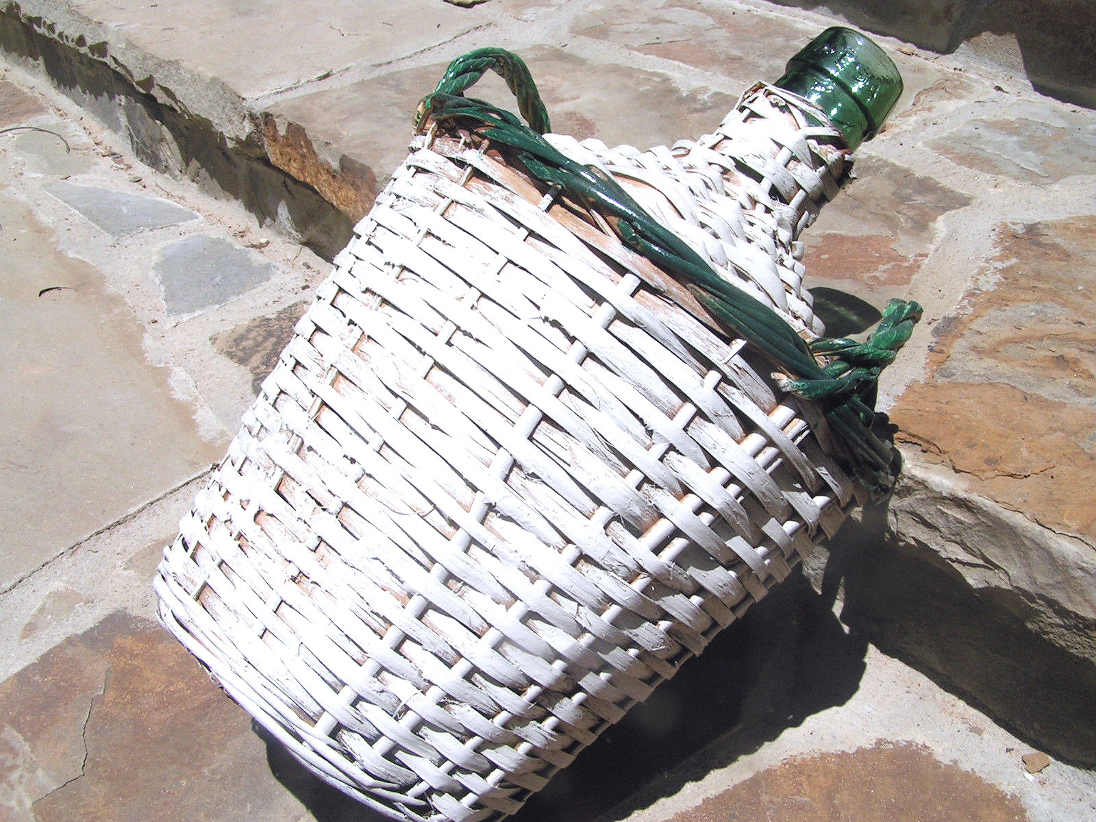 Woven Wicker Wine Bottle Jug Vintage Green Glass SPAIN 1006 bz Primitives