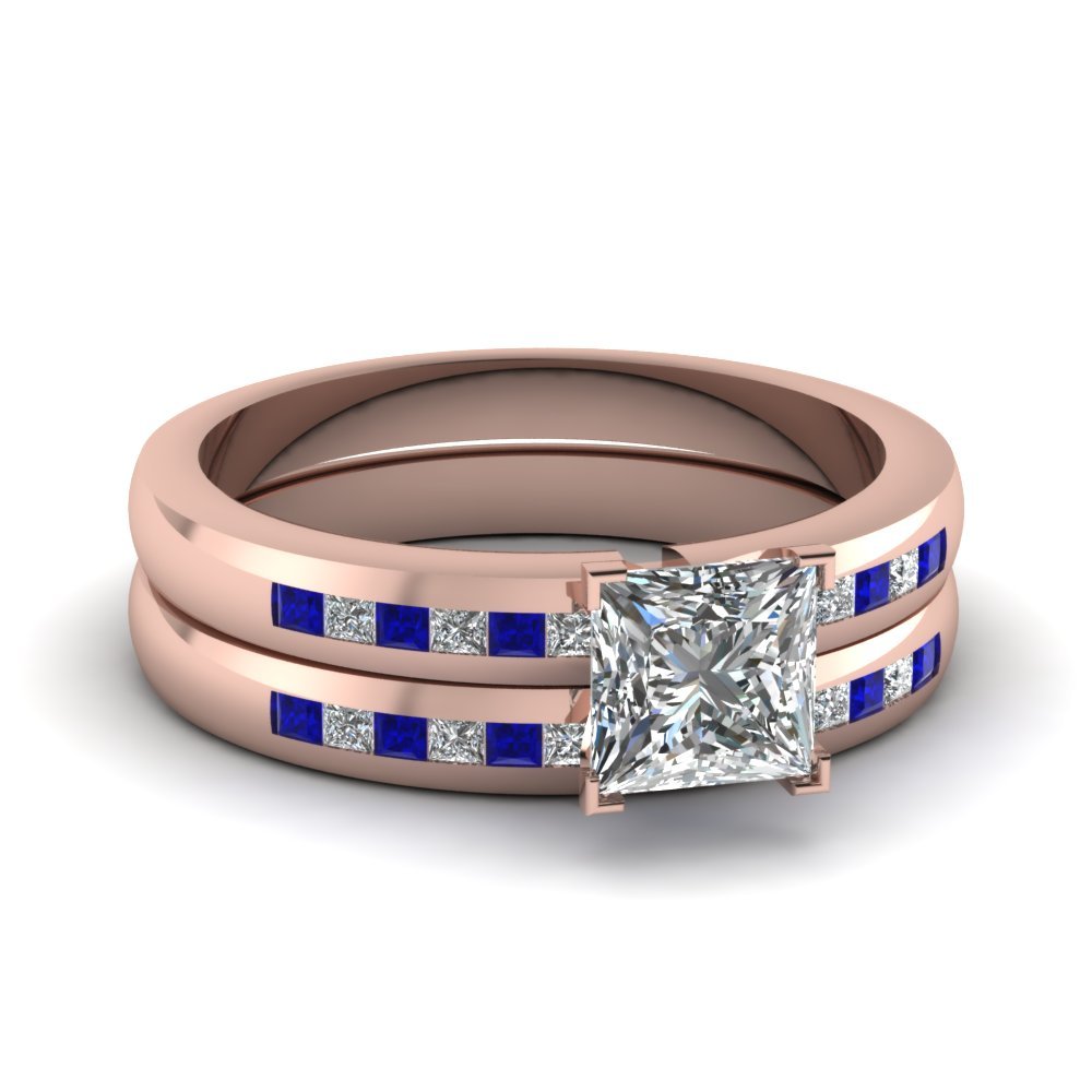 1.15 Ct Round CZ & Blue Sapphire Dainty Lattice Wedding Rings Set Rose Gold Fn