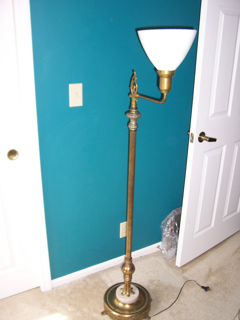 Antique Brass and Marble Base Floor Lamp with Decorative Finial - Floor
