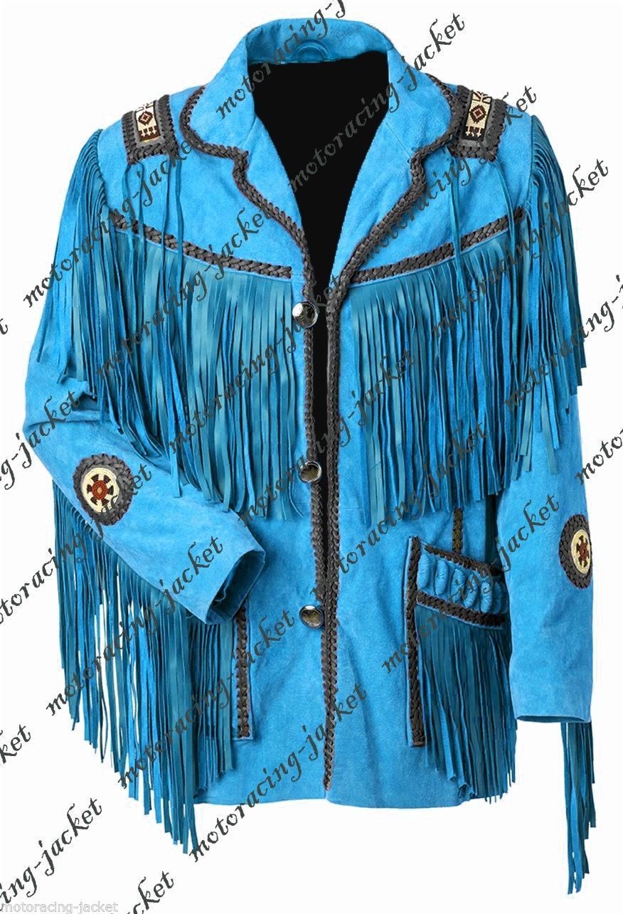 Men Sky Blue Suede Leather Fringe Jacket, Cowboy jacket Beads Bones XS ...