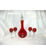 Vntg  1950&#39;s 7-Pc Red Crystal Cordial Beverage Decanter Stopper Gold Gra... - $272.25